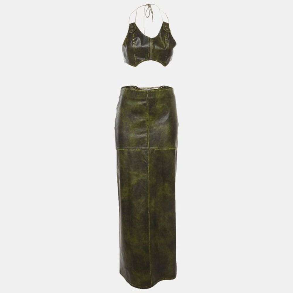 Jaded London Green Faux Leather Lace Up Maxi Skirt And Top Set M